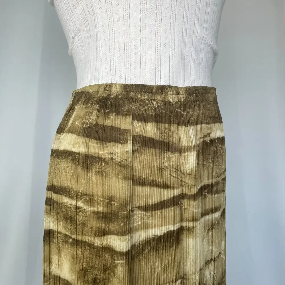 Boho Midi Skirt Size Small Green Brown Abstract Crinkle Pleated Fairy Whimsigoth